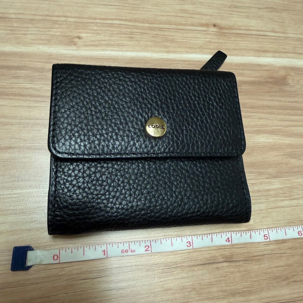 LODIS Black Pebbled Genuine Leather Trifold Wallet Gold Hardware Compact Snap